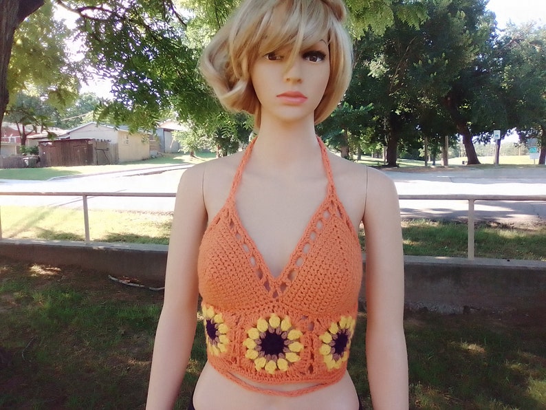 Hand Made Sunflower Crop Top/Hippie/Boho/Summer Top/ Festival CropTop/Bralette Green, Rust,Orange, White , Med. Blue, or Black READY TO SHIP image 9