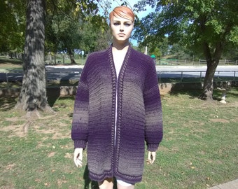 Crocheted PLUS Size Two-tone Sweater/Coat  Open Front Sweater  Striped Multi-color Coat Winter Cardigan X- Large-2X