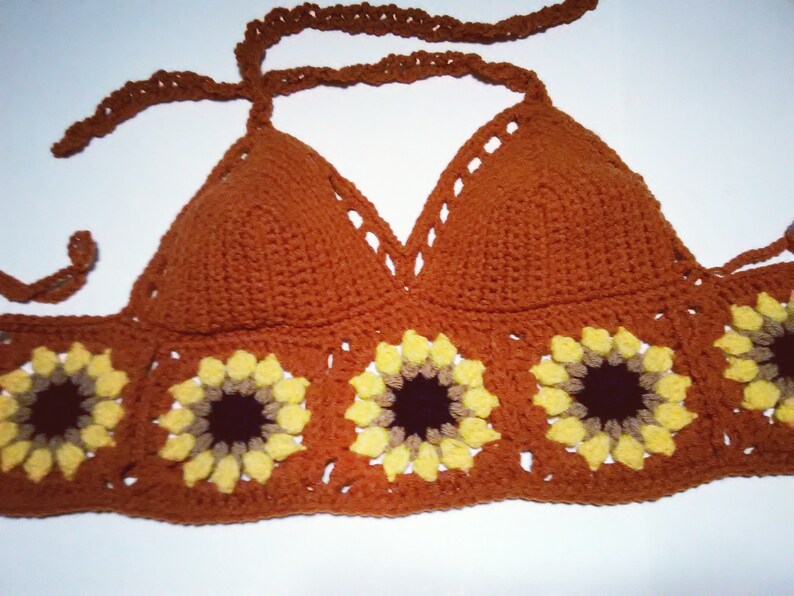 Hand Made Sunflower Crop Top/Hippie/Boho/Summer Top/ Festival CropTop/Bralette Green, Rust,Orange, White , Med. Blue, or Black READY TO SHIP image 5