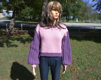 Handmade Puff Sleeve Crop Top Small-Medium Pullover Crop Long Sleeve Layering Sweater Pink and Purple Cropped Sweater