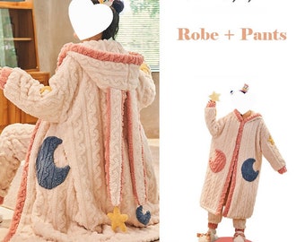 Stars & Moon Robe for Winter, Warm Soft Long Hoodie Set for Women