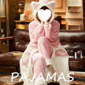 Cute Cat Robe for Winter, Warm Soft Fluffy Long Hoodie Set for Women
