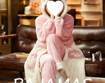 Cute Cat Robe for Winter, Warm Soft Fluffy Long Hoodie Set for Women