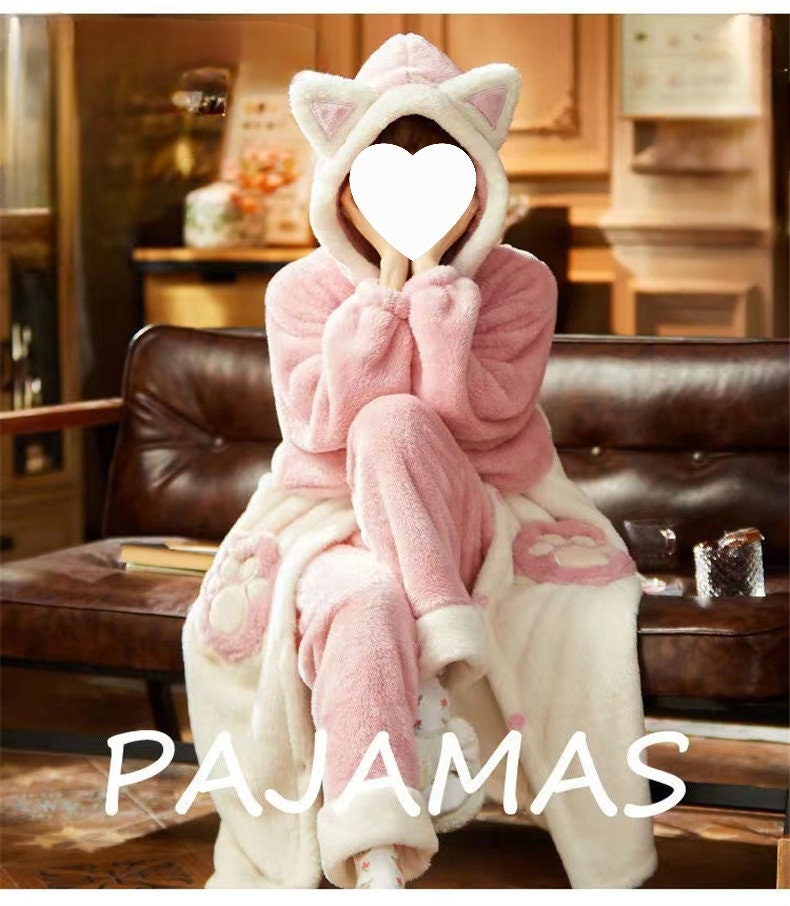 Women's Cute Bunny Ears Pajama Set Fluffy Fleece Teen Girls Sleepwear Warm  Winter Rabbit Hooded 2pcs Lounge Pjs Set