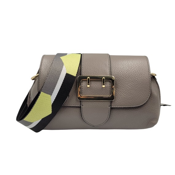 Multi Color Strap Crossbody Bag Genuine Grain Leather Gray Purse