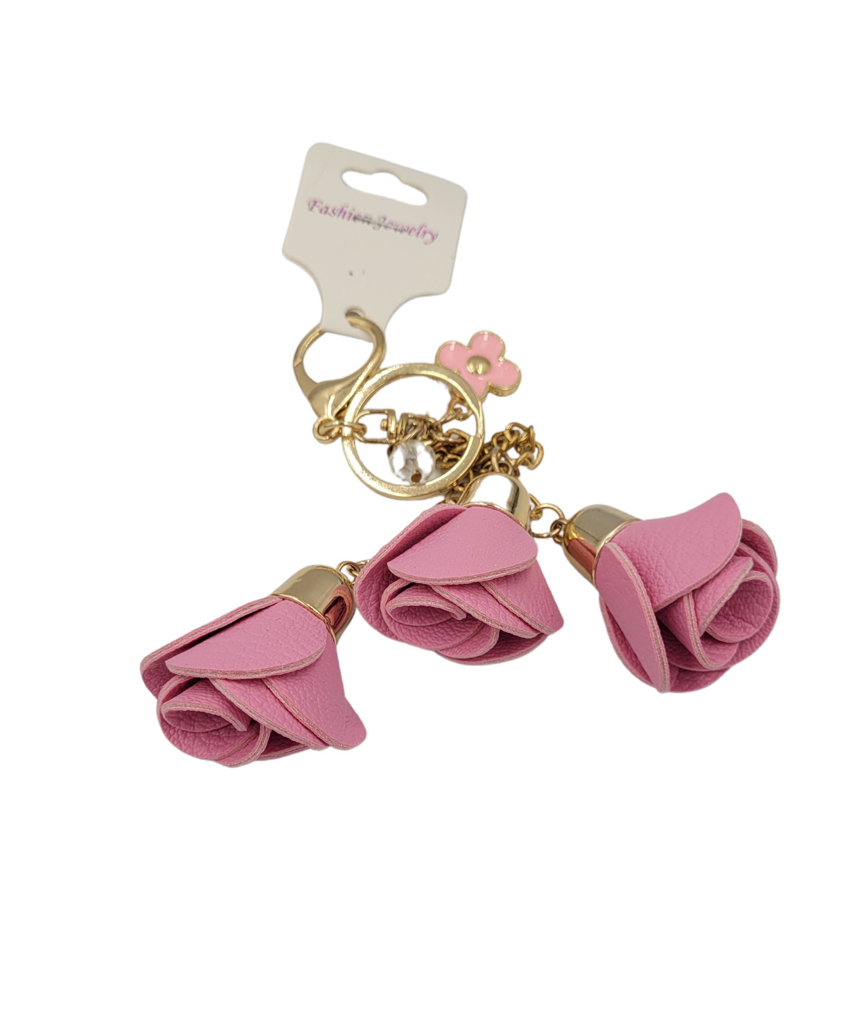 Leather Flower Bag Charm Keychain - Pink Multi