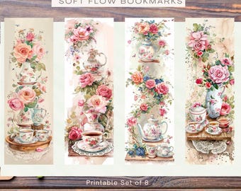Marcapáginas con diseño de tetera floral estilo cottagecore, accesorios de lectura para amantes del té en acuarela (descarga digital)