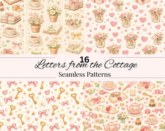 Puede incluir: Una colección de 16 patrones sin costuras con temática cottagecore. Los patrones presentan tazas de té, flores, libros, regalos, llaves y sobres en suaves colores pastel. Se muestra el texto "Letters from the Cottage".