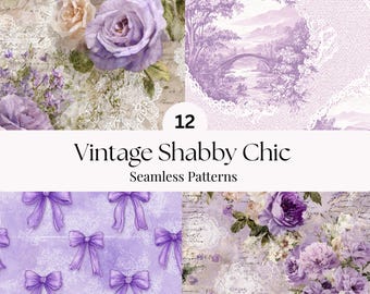 Puede incluir: Una colección de 12 patrones sin costuras "Vintage Shabby Chic". Los diseños presentan motivos florales con rosas y lazos en tonos morados, crema y blanco. Algunos patrones incluyen encaje y escritura.