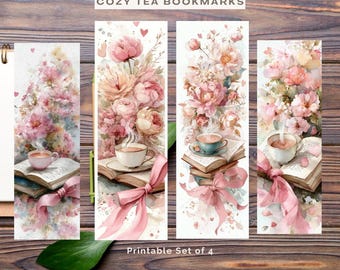Juego de marcapáginas Coquette Tea • Marcapáginas florales en acuarela para clubes de lectura • Paquete de marcapáginas imprimibles estilo cottagecore • Regalo digital para amantes de los libros (descarga digital)