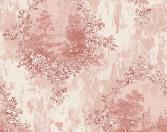 Puede incluir: Un patrón sin costuras con un diseño toile de Jouy vintage en tonos rosa y crema. El patrón incluye ilustraciones detalladas de paisajes, edificios y elementos florales, creando una estética clásica y elegante.