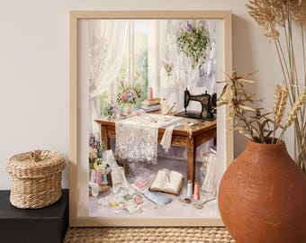 Sewing Room Wall Art • Vintage Sewing Machine Print • Cottagecore Seamstress Watercolor Decor • Printable Craft Room Art (Digital Download)