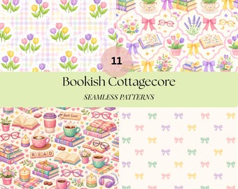 Puede incluir: Una colección de patrones sin costuras "Bookish Cottagecore". Los patrones presentan ilustraciones de libros, flores, tazas de té, gafas y lazos en colores pastel. La imagen incluye el número "11" y las palabras "Bookish Cottagecore SEAMLESS PATTERNS".