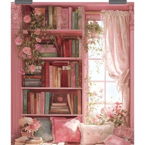 Cozy Reading Nook Print, Pink Botanical Bookshelf Art (Digital Download) image 2