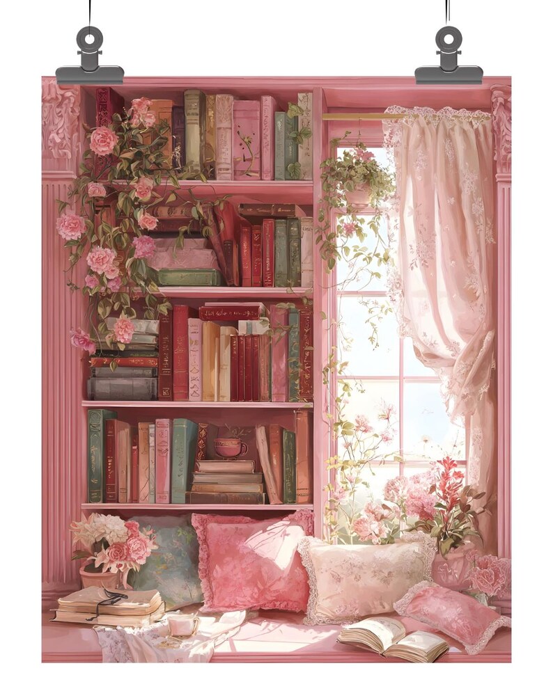 Cozy Reading Nook Print, Pink Botanical Bookshelf Art (Digital Download) image 2