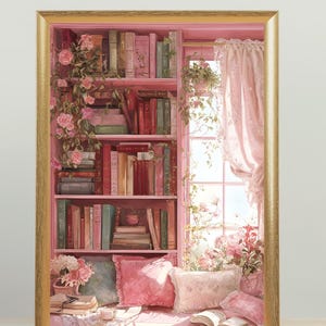 Cozy Reading Nook Print, Pink Botanical Bookshelf Art (Digital Download) image 1
