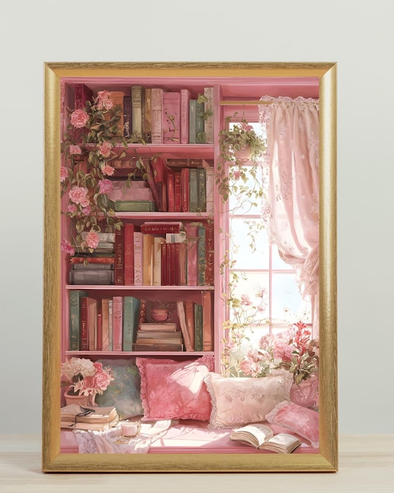 Cozy Reading Nook Print, Pink Botanical Bookshelf Art (Digital Download)