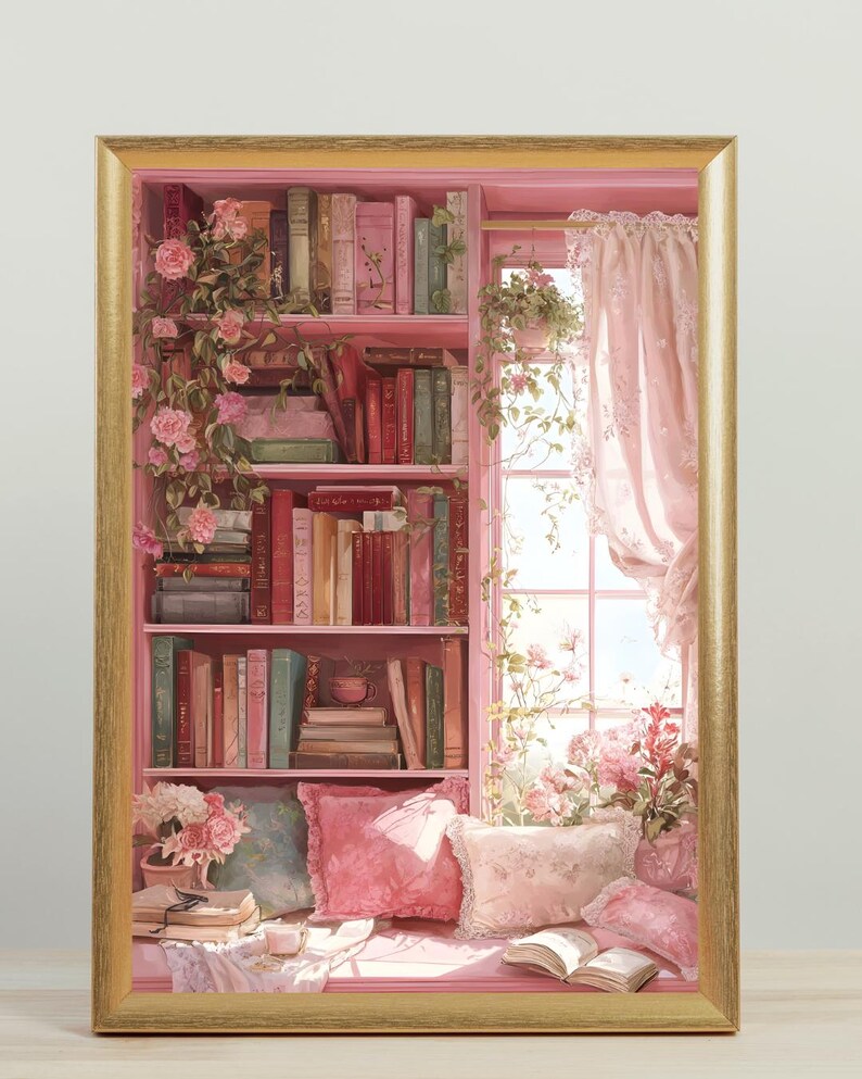 Cozy Reading Nook Print, Pink Botanical Bookshelf Art (Digital Download) image 1