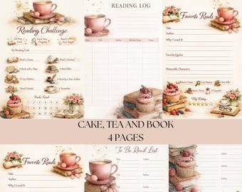 Puede incluir: Páginas de diario estilo acuarela con temática de lectura. Las páginas presentan ilustraciones de tazas de té, libros y cupcakes. El texto incluye "Reading Challenge", "Reading Log" y "Favorite Reads."