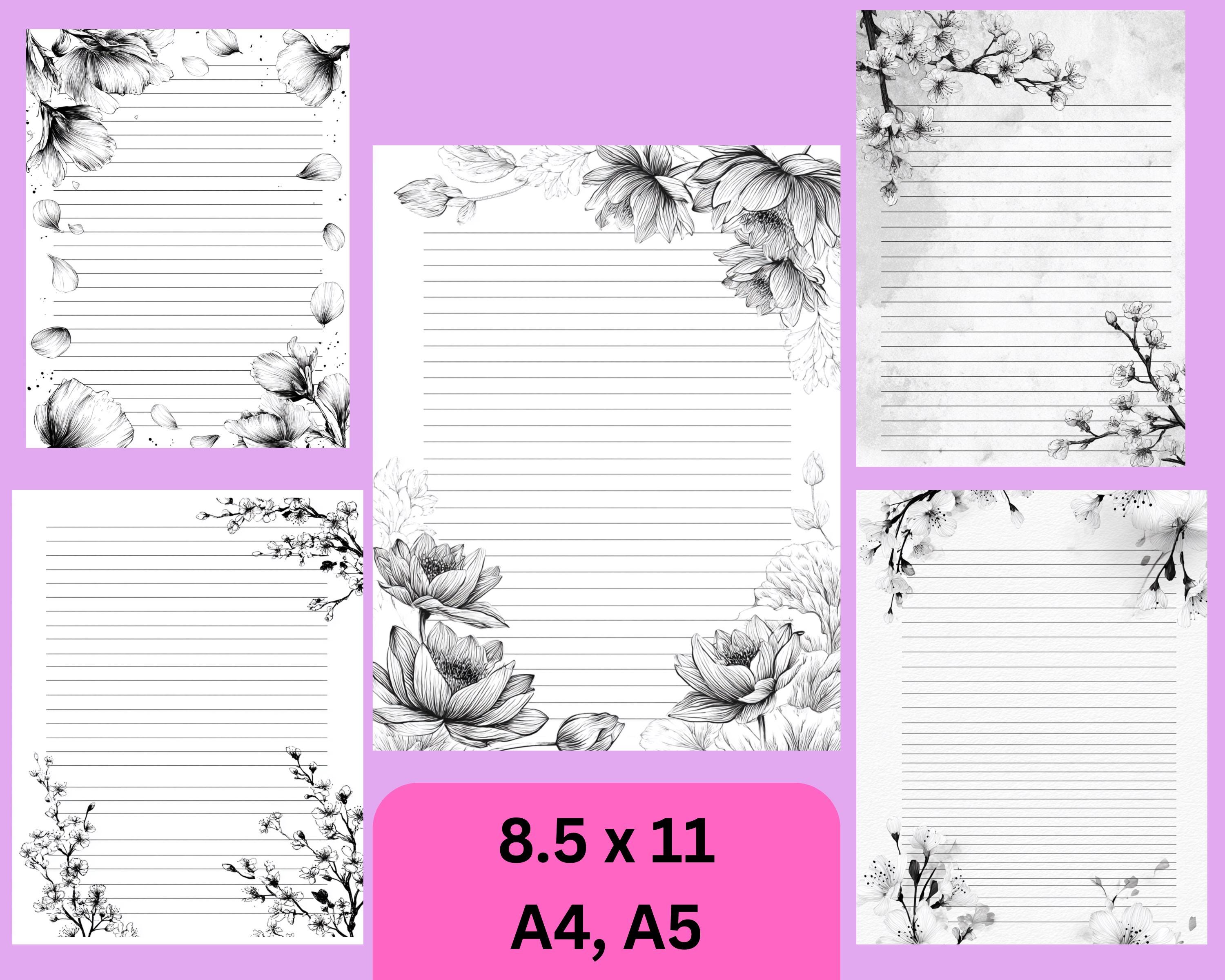 Black & White Floral Lined Paper Printable | 30 Pages Stationery Set ...