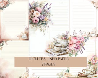 Puede incluir: Juego de papel rayado con ilustraciones florales y de fiesta de té. Las páginas presentan un fondo crema con imágenes de acuarela de rosas, lavanda, tazas de té y teteras. El texto en el papel dice "HIGH TEA LINED PAPER" y "7 PAGES".