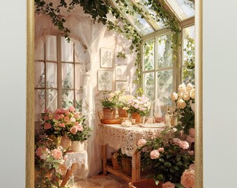 Cottagecore Greenhouse Floral Art Print, Vintage Botanical Illustration (Digital Download
