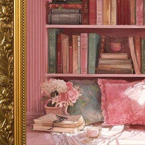 Cozy Reading Nook Print, Pink Botanical Bookshelf Art (Digital Download) image 3