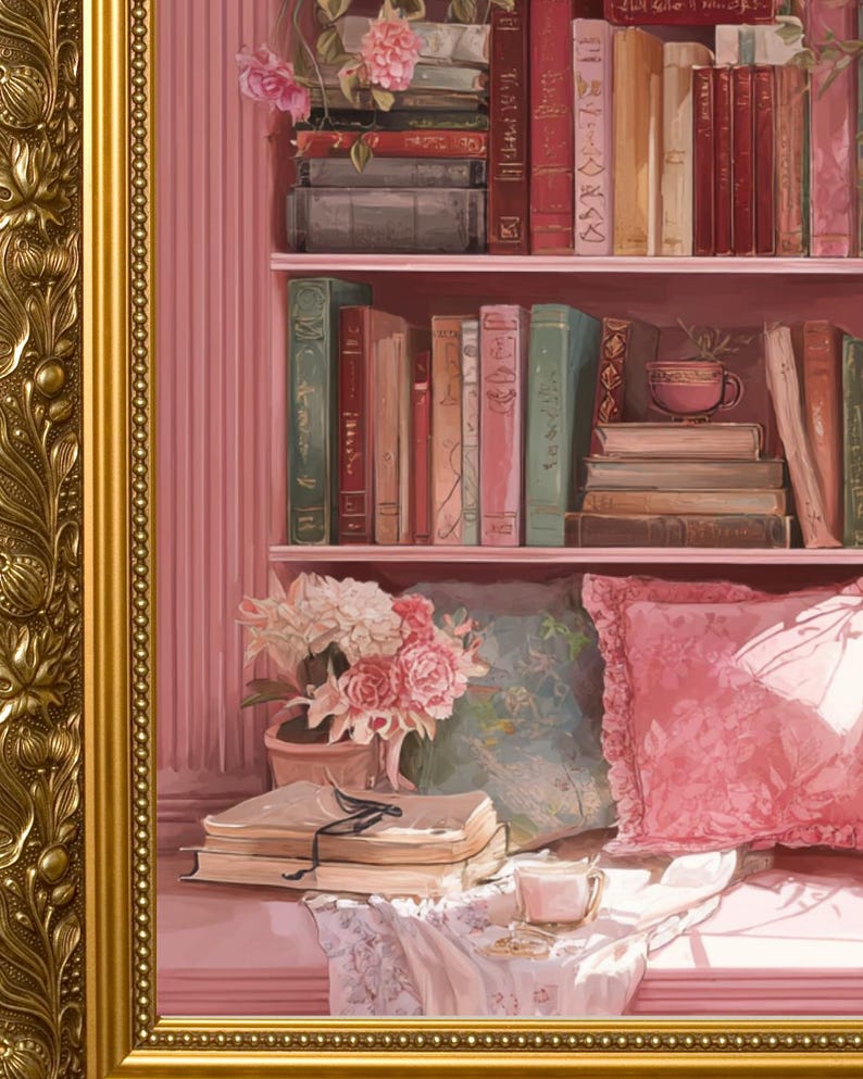 Cozy Reading Nook Print, Pink Botanical Bookshelf Art (Digital Download) image 3