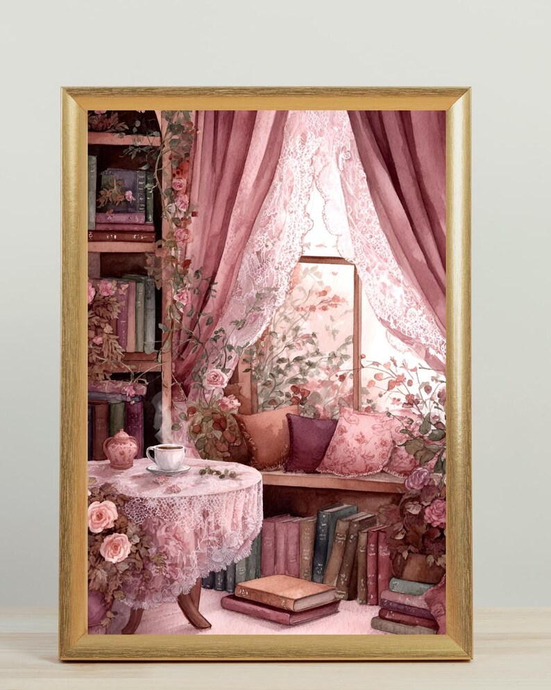 Cozy Cottagecore Reading Nook Print | Vintage Book Lover, Lace Window ...