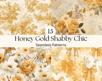 Puede incluir: Una colección de 15 patrones sin costuras "Honey Gold Shabby Chic". Los diseños presentan motivos florales, lazos y escenas de toile en tonos dorados, crema y marrón. El texto "Honey Gold Shabby Chic" es visible.
