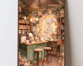 May include: A framed print featuring a cozy bookstore interior with shelves of books, a counter, and two stools. The image has a warm color palette with floral accents and the text "CottageCore Charm" and "SoftBloomPrintCo Digital Prints".