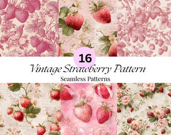 Puede incluir: Un collage de 16 patrones de fresas vintage sin costuras. Los diseños presentan fresas, hojas y elementos florales en tonos rosa y rojo sobre un fondo crema. Se muestra el texto "Vintage Strawberry Pattern".