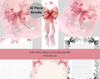 Puede incluir: Un kit imprimible rosa claro para leer y escribir en un diario, con diseños de lazos. Incluye páginas de diario, marcadores y elementos decorativos. El texto incluye "Your energy is magnetic and calm". Es un paquete de 42 piezas.