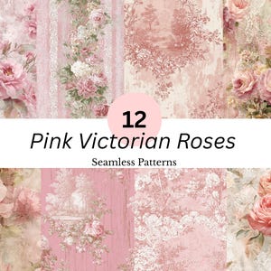 Puede incluir: Una colección de 12 patrones sin costuras con rosas victorianas rosas. Los diseños incluyen arreglos florales, escenas de toile de Jouy y fondos texturizados en tonos rosa y crema. El texto "Pink Victorian Roses" está presente.