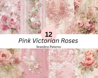 Puede incluir: Una colección de 12 patrones sin costuras con rosas victorianas rosas. Los diseños incluyen arreglos florales, escenas de toile de Jouy y fondos texturizados en tonos rosa y crema. El texto "Pink Victorian Roses" está presente.