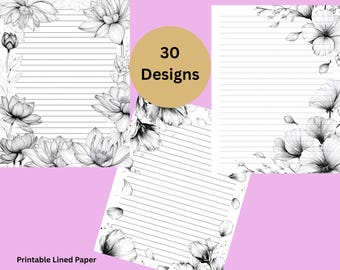 Puede incluir: Papel rayado imprimible con diseños florales. Las páginas presentan ilustraciones florales en blanco y negro, con espacios rayados para escribir. La imagen incluye el texto "30 Designs" y "Printable Lined Paper". El fondo es de color rosa claro.