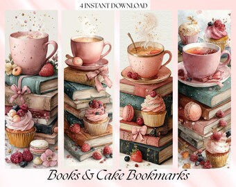 Juego de marcapáginas de té, marcapáginas imprimibles para la hora del té, té bonito en acuarela, accesorios de lectura con libros y pasteles, regalo estético para amantes de los libros (descargable)