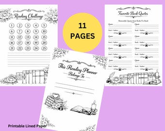 Puede incluir: Un planificador de lectura imprimible con 11 páginas. El planificador incluye un desafío de lectura, una sección para citas de libros favoritos y una página que dice "This Reading Planner Belongs To". Las páginas están decoradas con diseños florales.