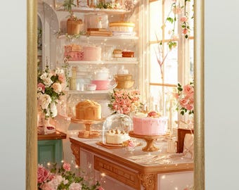 May include: A framed illustration of a bakery interior, featuring a counter with cakes and a shelf filled with baking supplies. Pink and white roses adorn the scene, with a window letting in sunlight. The artwork has a warm, inviting aesthetic.