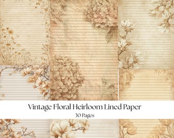 Puede incluir: Papel vintage con forro floral y un tono sepia. El papel presenta un diseño rayado con ilustraciones florales de hortensias y flores de magnolia. El texto "Vintage Floral Heirloom Lined Paper" y "30 Pages" es visible.