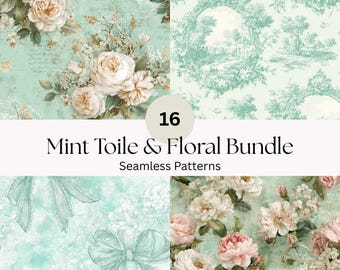 Puede incluir: Una colección de 16 patrones sin costuras en una combinación de colores verde menta. Los patrones presentan diseños florales y toile, incluyendo rosas, lazos y escenas de paisajes. Se muestra el texto "Mint Toile & Floral Bundle".
