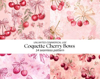 Papel digital sin costuras con lazos de cerezas Pink Coquette, estampado vintage de cerezas rosas, fondos de lazos estilo shabby chic, papel para álbumes de recortes