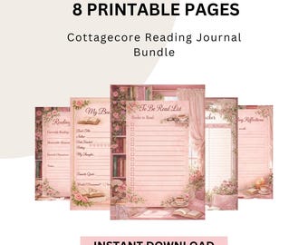 Puede incluir: Un paquete de ocho páginas imprimibles para un diario de lectura Cottagecore. Las páginas son rosas con ilustraciones florales y temáticas de libros. El texto incluye "Reading", "My Book" y "To Be Read List". Las palabras "Instant Download" también son visibles.