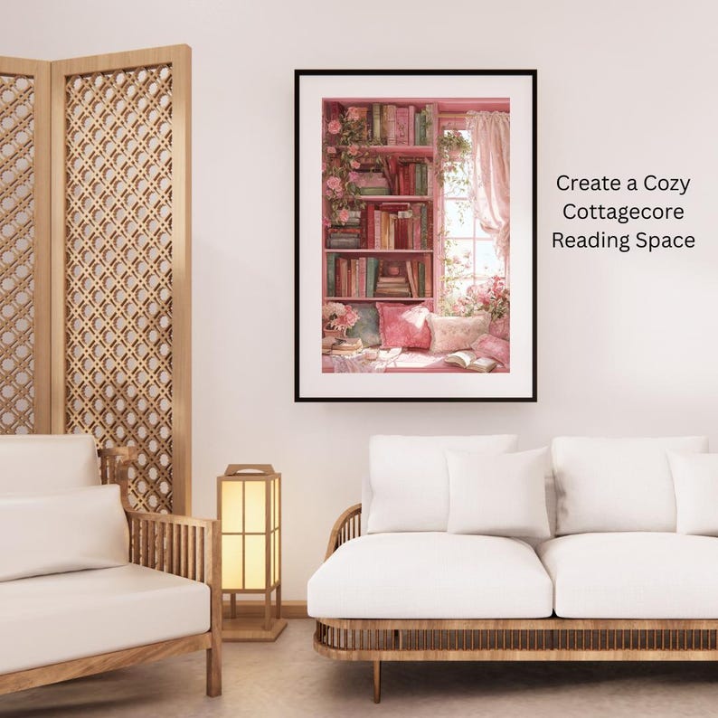 Cozy Reading Nook Print, Pink Botanical Bookshelf Art (Digital Download) image 4