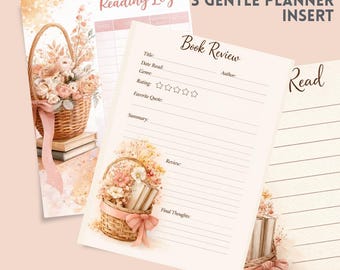 Puede incluir: Tres insertos de planificador suaves con un diseño de acuarela. Los insertos incluyen un registro de lectura, una página de reseña de libro y una página rayada con la palabra "Read". Cada página presenta una ilustración de cesta floral con una cinta rosa.