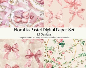 Puede incluir: Un conjunto de papel digital con 12 diseños, con un tema floral y pastel. Los diseños incluyen ilustraciones de acuarela de macarons, lazos y rosas. El texto dice "Floral & Pastel Digital Paper Set" y "Coquette Bow Tea Party Macaron Seamless Pattern Bundle."