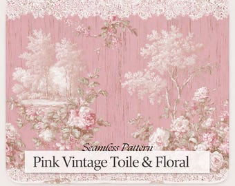 Puede incluir: Patrón sin costuras de toile y floral vintage rosa con borde de encaje blanco. El diseño presenta un fondo rosa con textura de vetas de madera y un patrón repetido de árboles, flores y follaje.