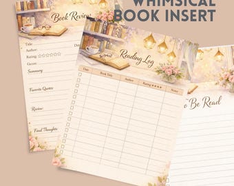 Puede incluir: Tres hojas de papel para agenda que incluyen una página de reseña de libros, un registro de lectura con columnas para fecha y título, y una lista de libros por leer. Fondo floral y de biblioteca con iluminación cálida.
