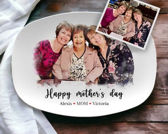 Custom Mother's Day Platter With Photo | Personalized Watercolor Plate Gift for Mom, Gift From Daughter, Mother's Day Gift For Her
