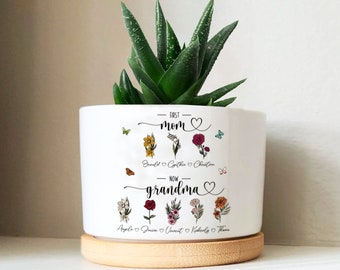 Personalized Mothers Day Planter Gift for Mom, Custom First Mom Now Grandma Plant Pot, Birth Flower Mothers Day Gift from Kids, Grandma Gift